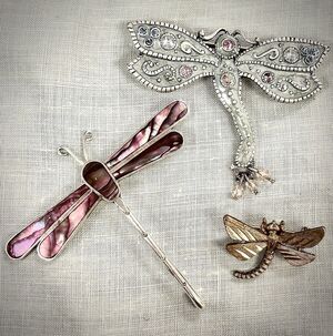 Vintage Dragonfly Brooch Lot Signed JJ AAI Rhinestone Abalone 3 Pins